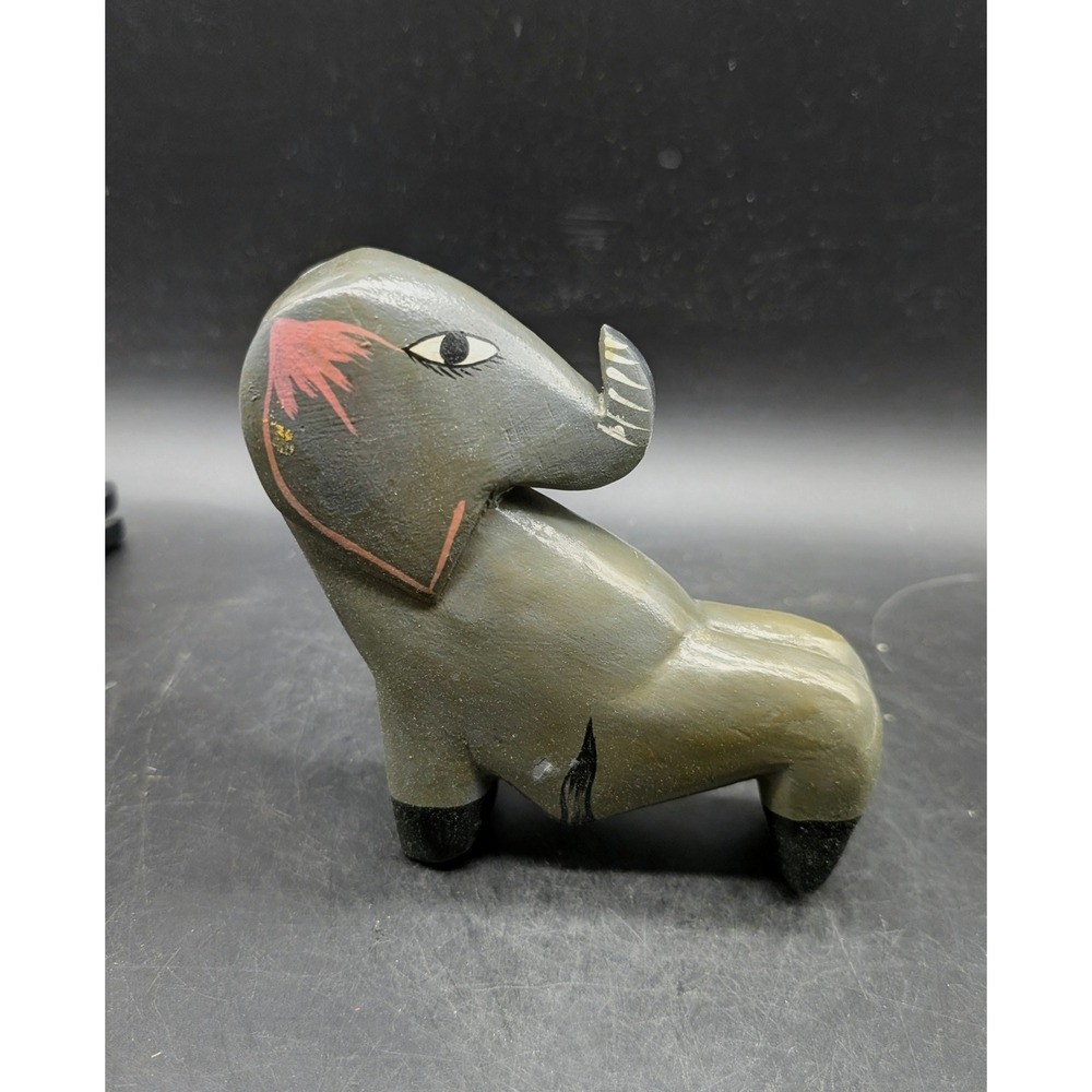 Vintage Hand Carved Wooden Elephant Figurine Shelf Sitter Folk Art Painted Grey